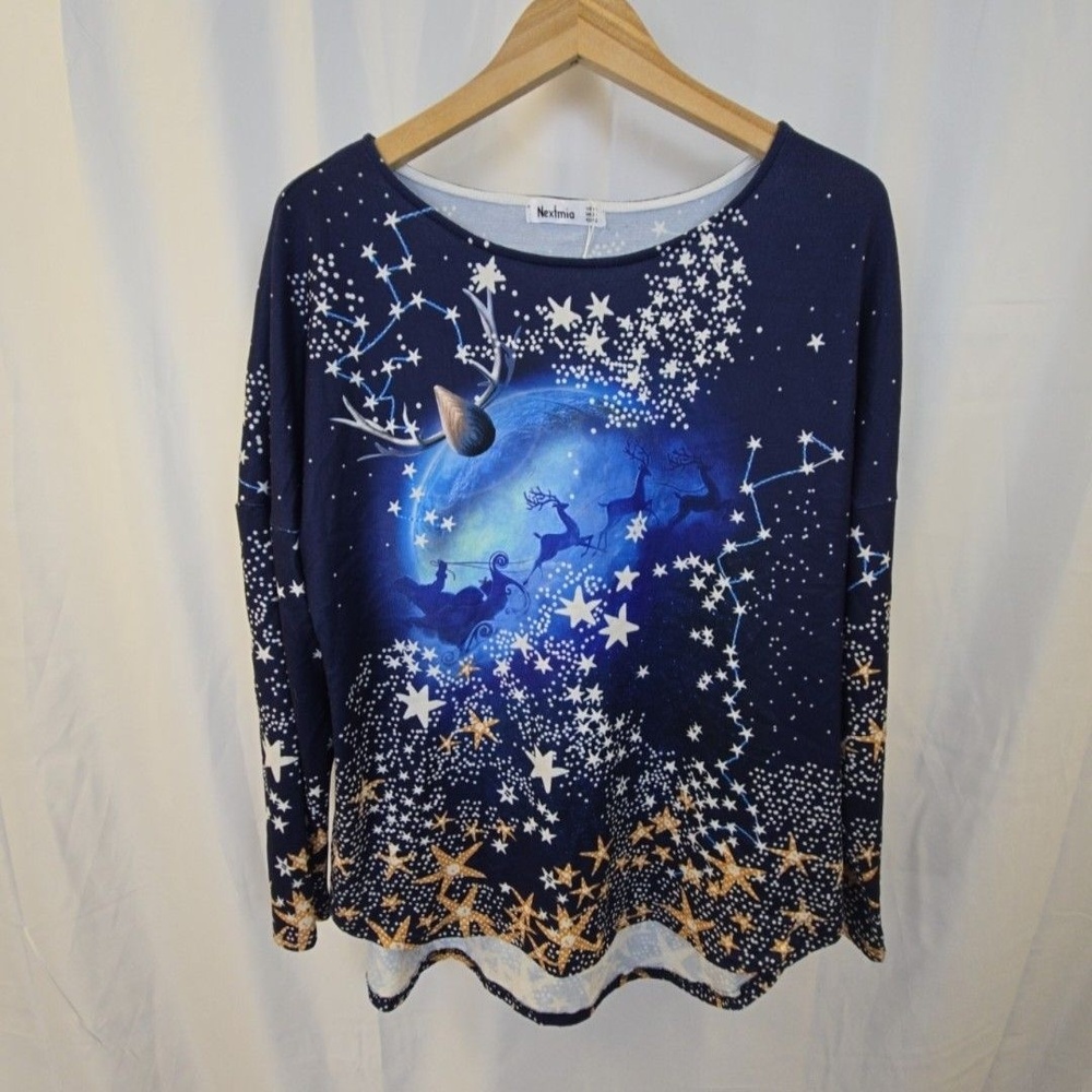 Nextmia Shirt Womens 18 Blue Santa Claus Christmas Stars Long Sleeve Tunic Top